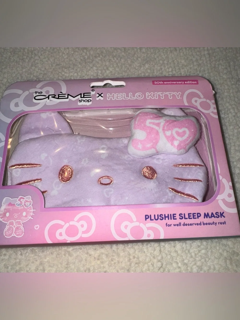 Sanrio Hello Kitty Plush Lavender/Pink Eye Mask Limited Edition 50 Anniversary